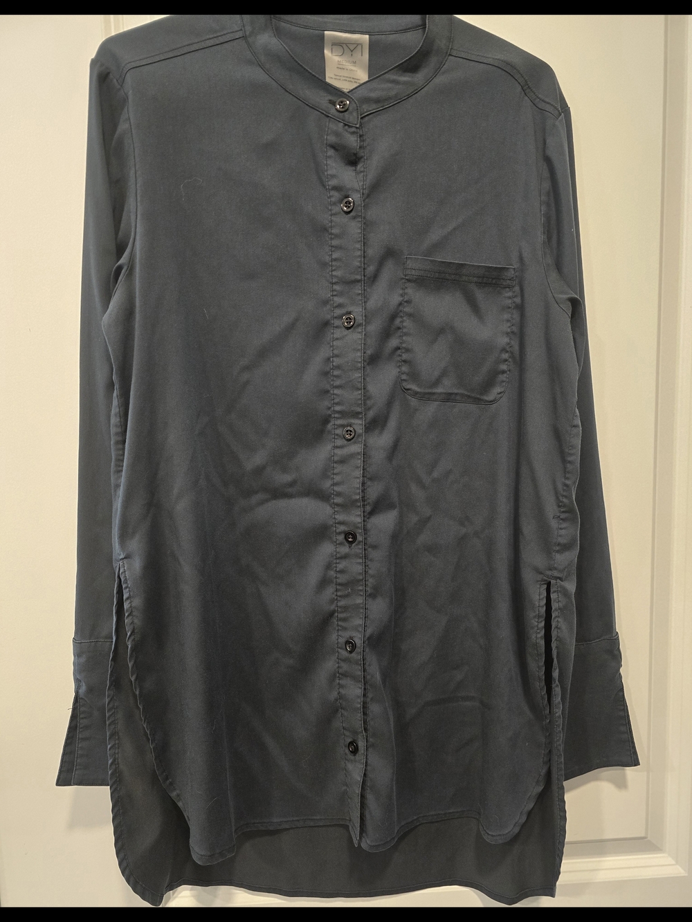 DYI Navy Band-Collar Long-Sleeve Casual Shirt Tunic Length